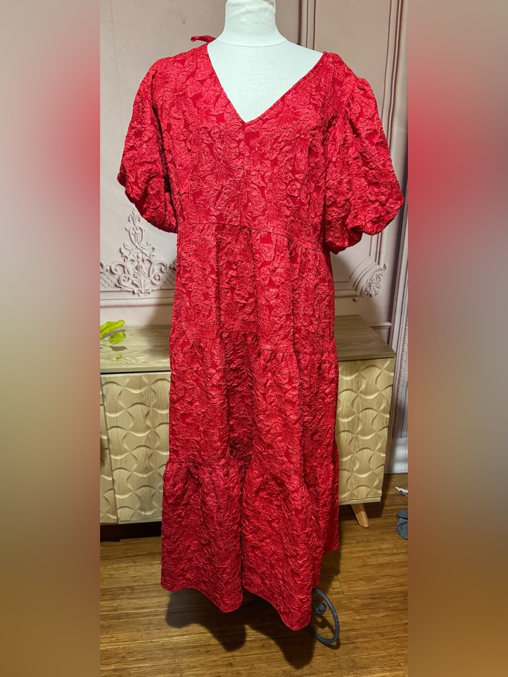 Sugar lips Red maxi dress with textured floral & puff sleeve Plus Size 3x New!